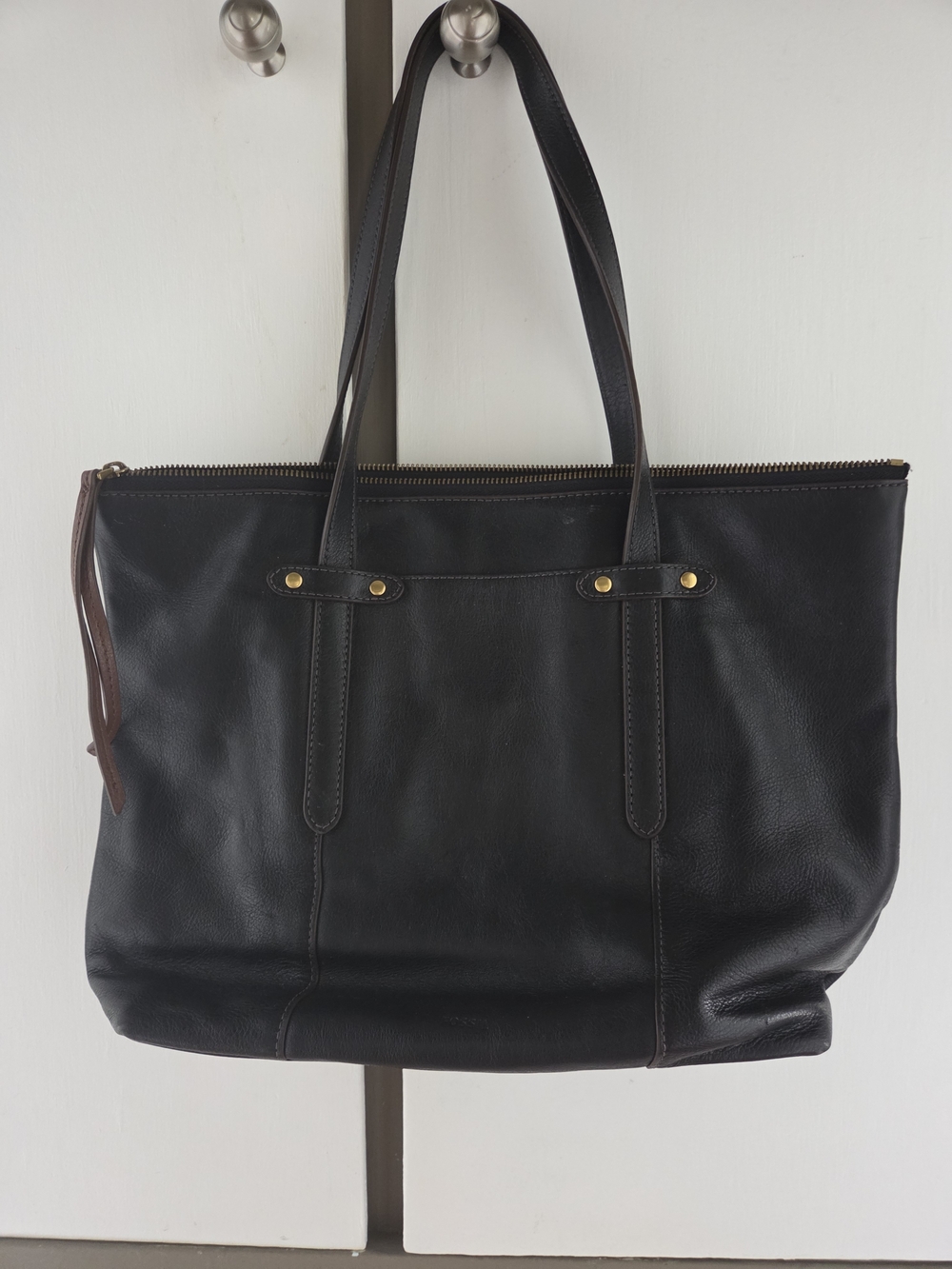 Fossil Black Leather Tote Bag with Gold Hardware
